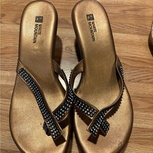 White Mountain Gold and Black Sandals with Rhinestone Embellishments